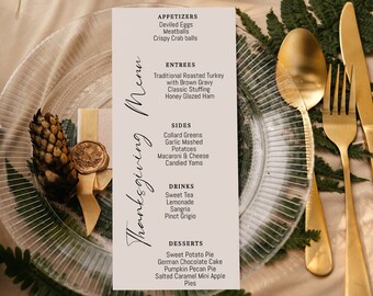 Thanksgiving Dinner Menu Template. Editable Thanksgiving Printable. Friendsgiving Holiday Menu. Fall Dinner Gathering. Modern Dinner Menu.