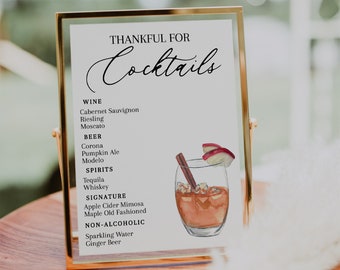 Thankful for Cocktails Bar Menu Sign. Thanksgiving Drink Menu Template. Fall Editable Wedding Drinks. Friendsgiving Cocktail Sign.Modern