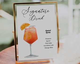 Modern Aperol Spritz Signature Drink Cocktail Sign. Wedding Sign. CORJL Editable Printable Drink Template. Instant Download. Drink Recipe.