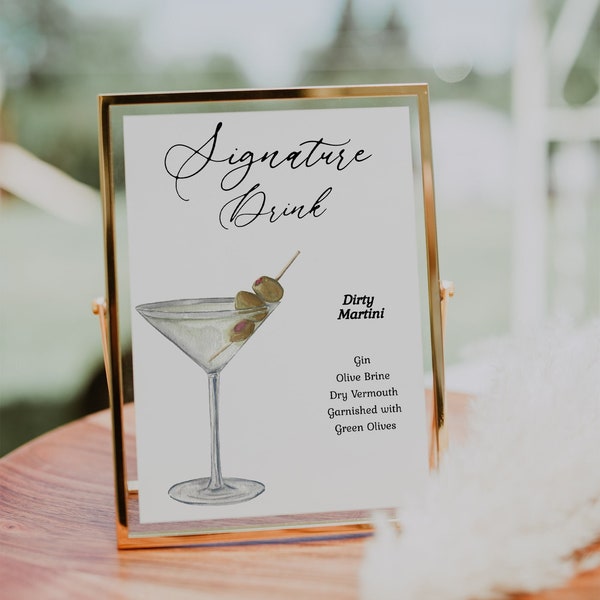 Modern Dirty Martini Signature Drink Cocktail Sign, Wedding Sign, Editable Drink Recipe Printable Template, Instant Download