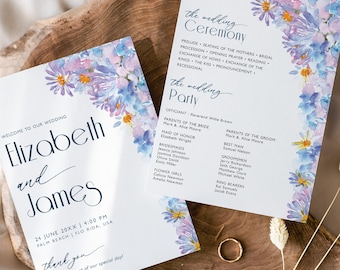 Blue Hydrangea Wedding Program, Printable 2-Page Floral Ceremony and Entourage List Printable Fan or Foldable Card Templates, CORJL Download