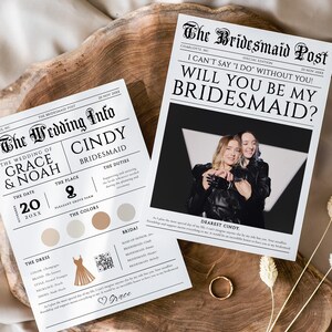 Bridesmaid Proposal Newspaper Template, Will You Be My Bridesmaid Editable Cards for Gift Box with Photo Wedding Info Corjl Digital Download