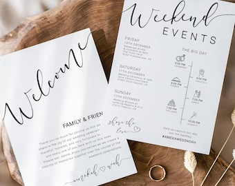 Editable Wedding Weekend Details Card, Welcome Bag Itinerary Template & Ceremony Day Timeline Program with Icons – Printable CORJL Download