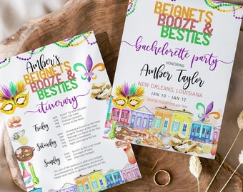 Itinerary Template New Orleans, Beignets Booze and Besties Editable Mardi Gras Invitation + Weekend Schedule Printable or Digital CORJL DIY