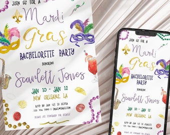 Mardi Gras Itinerary Template, Editable Bachelorette Party Invitation + Weekend Schedule for New Orleans Trip, Girls Trip Bach Weekend CORJL