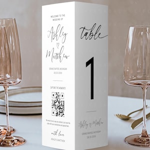 Table Number Trifold, Modern Wedding Table Number and Menu Tri-Fold Card QR Code, Minimalist Bridal Shower Reception Decor Template, CORJL