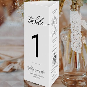 Table Number Menu Trifold, 3-Page Modern Wedding Program Welcome QR Code Menu and Table Number Tri-Fold Card Stand Printable Template, CORJL