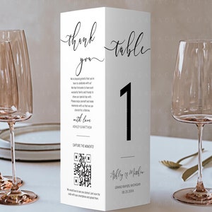 Trifold Table Number Template, Minimalist Wedding Reception Triangle Stand Menu, Printable Thank You with QR Code Folded Card Template CORJL