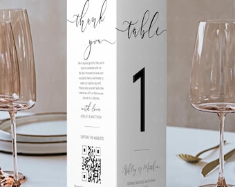 Trifold Table Number Template, Minimalist Wedding Reception Triangle Stand Menu, Printable Thank You with QR Code Folded Card Template CORJL
