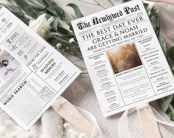 Wedding Day Newspaper Fan, Modern Marriage Ceremony Program Tabloid Style Printable Templates, Wedding Infographic CORJL Digital Download
