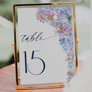 Blue Hydrangea Table Numbers, Modern Floral Wedding Custom Table Sign Printable Template, Editable Reception Decor Signage Digital Download