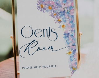 Gentlemen Restroom Sign Printable, Modern Hydrangea Wedding Men Bathroom Signage Editable Template CORJL Instant Digital Download Printable