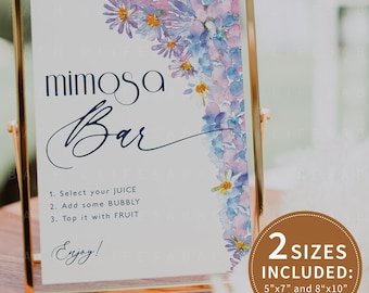 Blue Hydrangea Mimosa, Wedding or Bridal Shower Bar Sign Floral Hydrangeas, Pour the Bubbly and Juice Top with Fruit Drink Signage Printable