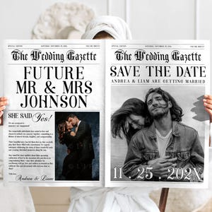 Save The Date Newspaper Custom Couple Front Page Photo, Editable Wedding Announcement Tabloid Large Wedding Gazette Printable Template CORJL