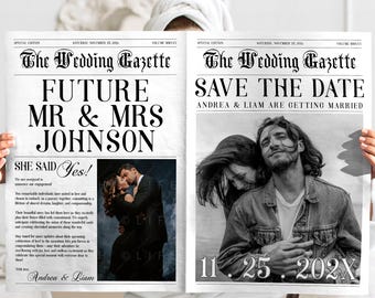 Save The Date Newspaper Custom Couple Front Page Photo, Editable Wedding Announcement Tabloid Large Wedding Gazette Printable Template CORJL
