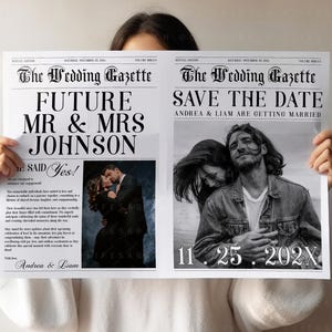 Printable Save The Date Newspaper, CORJL, Editable Wedding Engagement Tabloid Future Mr & Mrs Custom Photos Tabloid Template DIY Download