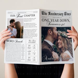 One Year Anniversary Newspaper, Editable Infographics for Couples 1st Anniversary, Our First Chapter Photo Tabloid Template, CORJL DIY Gift