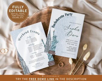 NYC Travel Girls Trip Bachelorette Party Invites + Itinerary Templates, New York Bach Trip Editable Itineraries and Invitation CORJL Evite