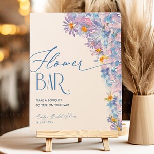 Flower Bouquet Bar Sign, Blue Hydrangea Editable Floral Bar Signage Templates CORJL, Make A Bouquet To Take On Your Way Printable Signs DIY