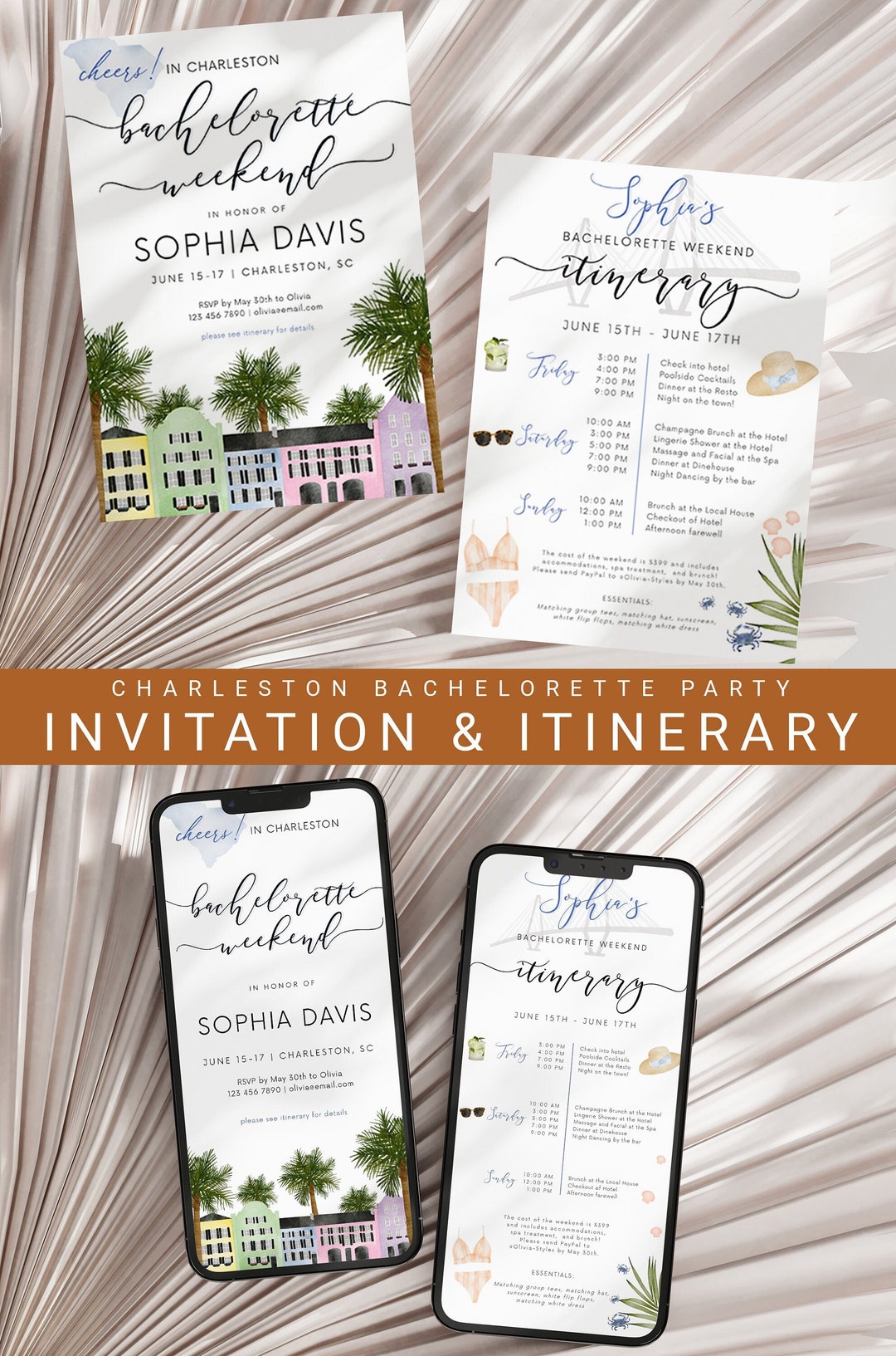 Charleston Bachelorette Party Invitation Itinerary Templates, Editable ...