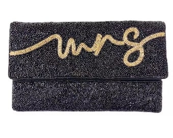 Beaded MRS Bride Clutch, Elegant Stylish Bridal Purse Crossbody, Black Wedding Bag, Perfect Gift for Bride, Unique Bridal Gifts for her
