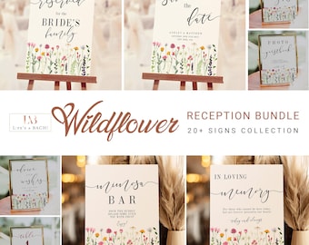 Wildflower Wedding Floral Reception Signs Bundle, Editable Garden Wedding Signage Templates for Couple, CORJL Calligraphy Printable Download