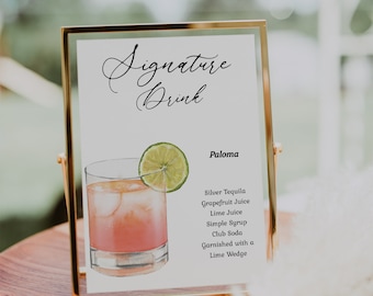 Modern Paloma Signature Drink Cocktail Sign. Wedding Editable Printable Cocktail Recipe Bar Signage Template, CORJL Instant Digital Download