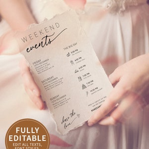 Itinerario de fin de semana de boda, tarjeta de itinerario de fin de semana moderno para despedida de soltera, plantilla editable de horario de fin de semana móvil minimalista para fiesta nupcial