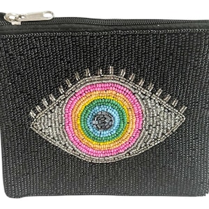 Handmade Evil Eye Beaded Coin Purse – Rainbow Seed Beads, Zipper Clutch, Small Pouch Gift for Her, Boho Accessory Bag