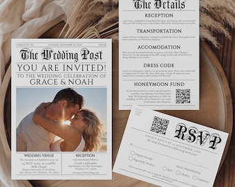 Newspaper Save the Date Invite, Editable Wedding Invitation Details and RSVP Editable Templates, Modern Simple Invites Set CORJL Download