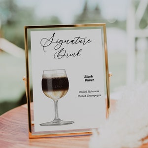 Modern Black Velvet Signature Drink Cocktail Sign. Wedding Sign. Editable Printable Template. Instant Download. Drink Recipe. Champagne