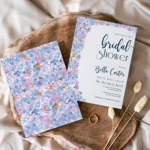 Blue Hydrangea Floral Bridal Shower Invitation, Editable Bride-to-be Party Printable Card Calligraphy Invite with Backside, Digital CORJL
