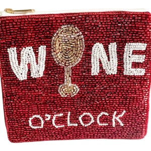 Porta-moedas com miçangas – miçangas cor de vinho, brancas e douradas, bolsa com zíper feita à mão, presente divertido para ela, pequena bolsa de miçangas, bolsa para acessórios