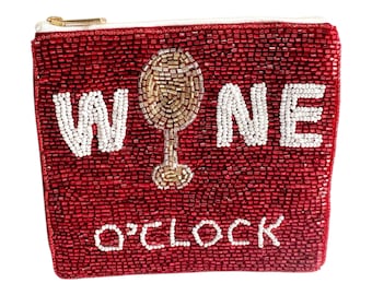 Beaded Coin Purse – Burgundy, White & Gold Seed Beads, Handmade Zipper Pouch, Fun Gift for Her, Small Beaded Clutch, Accessory Bag