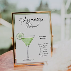 Modern Cucumber Martini Signature Drink Cocktail Sign. Wedding Sign. Editable Printable Template. Instant Download. Drink Recipe.