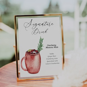 Modern Cranberry Moscow Mule Signature Drink Cocktail Sign. Wedding Sign. Editable Printable Template. Instant Download. Drink Recipe.
