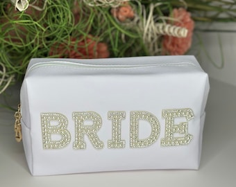 Bride Nylon Pearl Letter Cosmetic Bag, Bridal Makeup bag, Waterproof Travel Portable Bling Cosmetic Bag, Bridal shower gift, Honeymoon Bag
