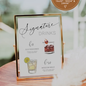 His and Hers Cocktail Sign Printable - Editable Minimalist Wedding Bar Menu Template for Signature Drinks at Weddings & Events