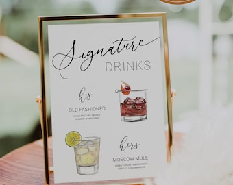 His and Hers Cocktail Sign Printable - Editable Minimalist Wedding Bar Menu Template for Signature Drinks at Weddings & Events
