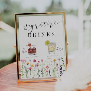 His and Hers Signature Cocktail Sign Printable - Editable Wildflower Theme Wedding Bar Menu Template for Signature Drinks CORJL DIY Download