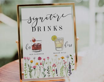His and Hers Signature Cocktail Sign Printable - Editable Wildflower Theme Wedding Bar Menu Template for Signature Drinks CORJL DIY Download