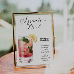 Modern Watermelon Mint Mojito Signature Drink Cocktail Sign. Wedding Sign. Editable Printable Template. Instant Download. Drink Recipe.