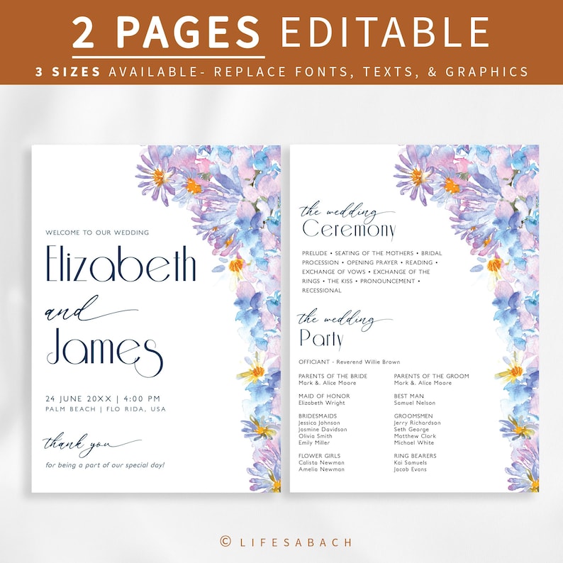 Entourage Program Blue Hydrangea Wedding Program, Printable 2-page Floral Ceremony and ...