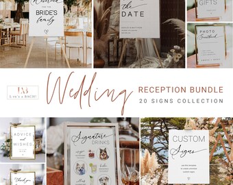Modern Wedding Reception Bundle Template, Editable Minimalist Signage Bridal Shower Signs, Printable Custom Signs for Wedding CORJL Download