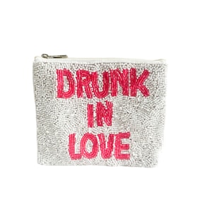 Hand-Beaded Coin Purse, Beaded Zipper Pouch, Canvas Pouch, Fun “In Love” Gift for Friend, Preppy Bachelorette Party Favor, Birthday Gift