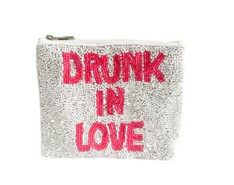 Hand-Beaded Coin Purse, Beaded Zipper Pouch, Canvas Pouch, Fun “In Love” Gift for Friend, Preppy Bachelorette Party Favor, Birthday Gift