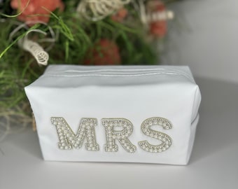 Mrs Nylon Pearl Letter Cosmetic Bag, Wife Makeup bag, Waterproof Travel Portable Bling Cosmetic Bag, Bridal shower gift, Honeymoon bag