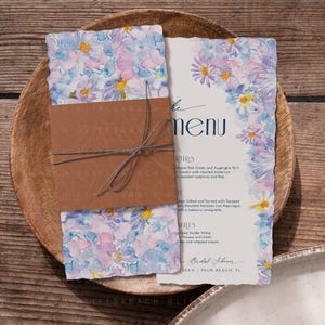 Hydrangea Wedding Menu, Elegant Blue Floral Table Menu with Recipe Editable Template, Simple Calligraphy 4X9 The Menu Canva Digital Download
