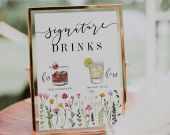 Signature Drink Sign with Wildflowers, Editable Wedding Cocktail Photo Signage Printable Template, Bridal or Baby Shower Drink Signs Canva