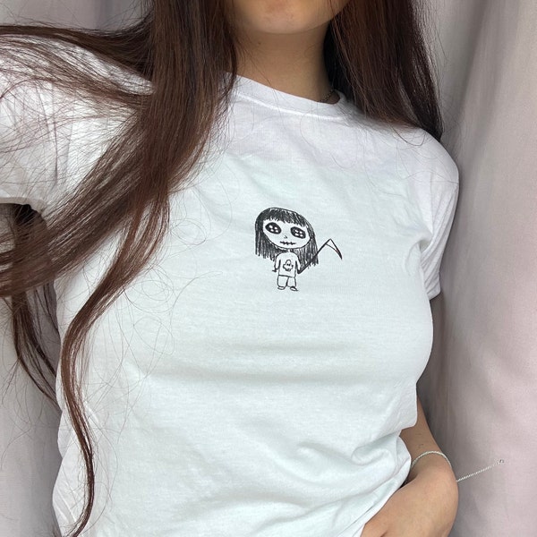 Coraline Death girl 2000’s baby tee - White baby tee handmade  Y2k NOTE: this item is hand drawn so there may be minor imperfection